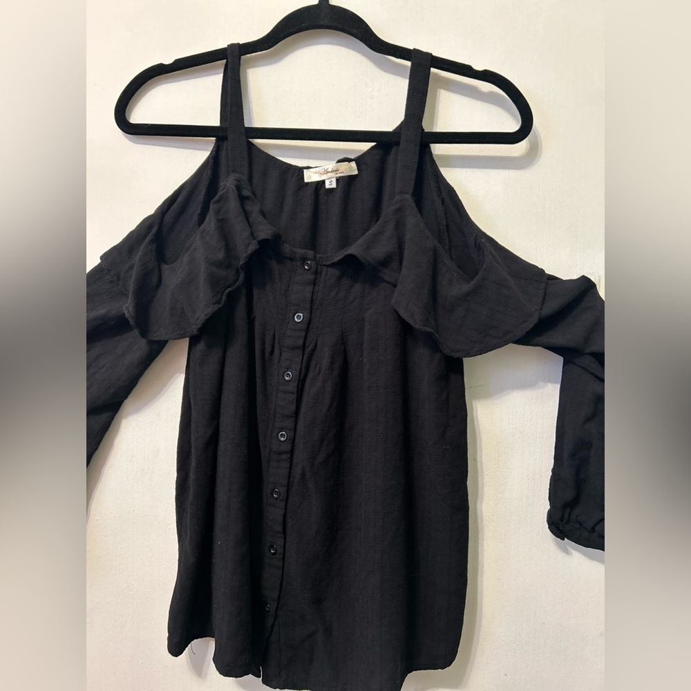 Women’s Black Long Sleeve Cold Shoulder Blouse Size Small - Picture 3 of 10